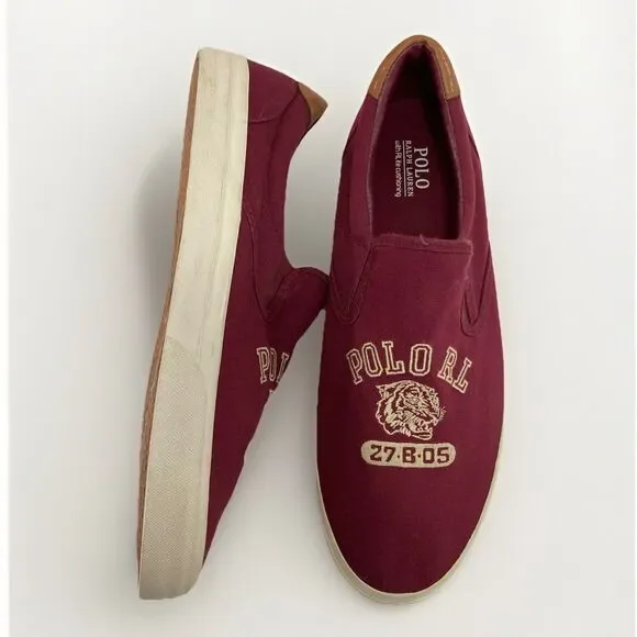 Polo Ralph Lauren Shoes Men’s 14D Maroon Slip-On Tiger Thompson Sneaker Preppy - Picture 1 of 8